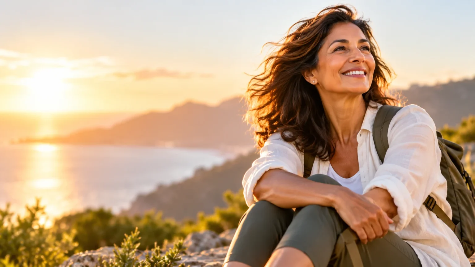 Woman overlooking the coast in warm golden light